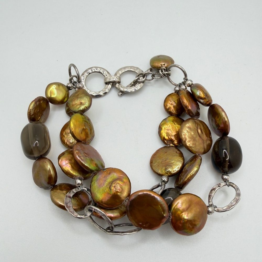 SILPADA B1850 Sterling silver Coin‎ Pearls and Sm. Quartz 3-strand bracelet!